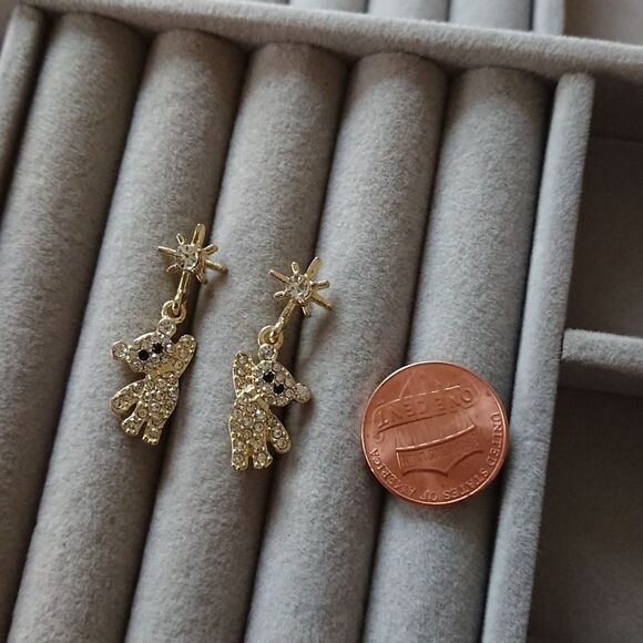 Cute bear dangling Cubic Zirconia Stud Earrings - Gold tone - Picture 4 of 7